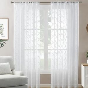 Leaf Embroidery White 52 in. W x 84 in. L Rod Pocket Sheer Curtain